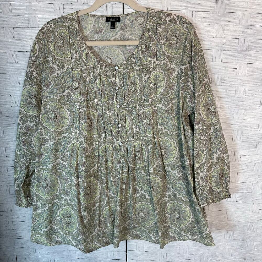 Talbots women's blouse peasant pleated Bahamian cotton lightweight